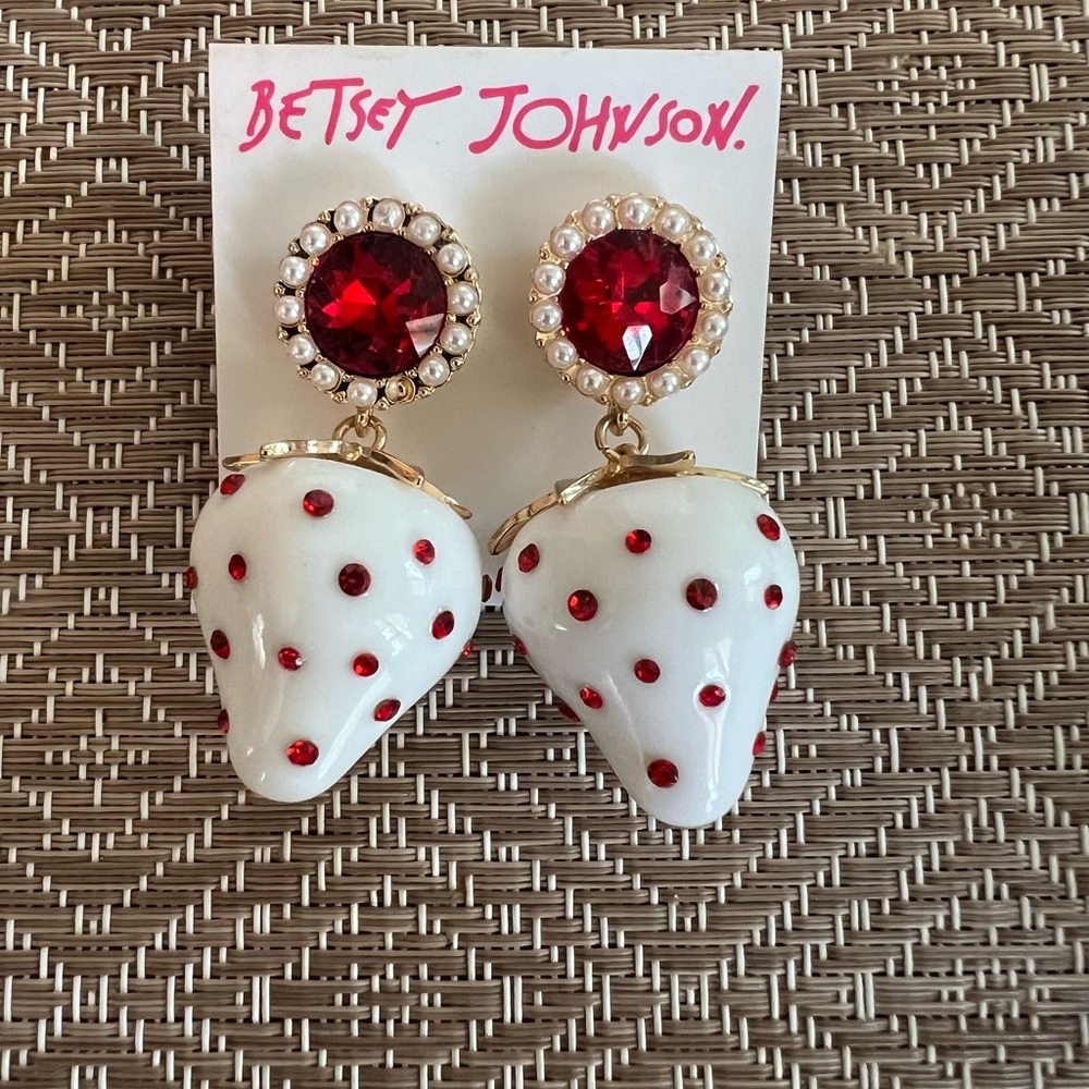 Betsey Johnson White Resin Strawberry Drop
Earrings Red Crystal & Faux Pearl NWT